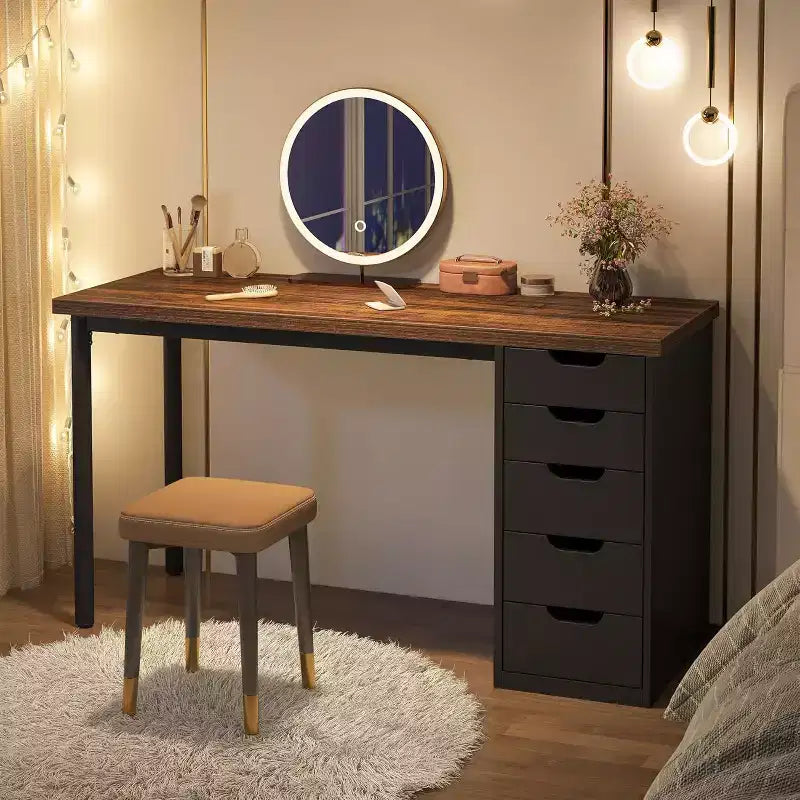 47 Rustic Brown Computer Desk with 5 Drawers, Modern Storage & Reversible Cabinet for Small Home Office Spaces