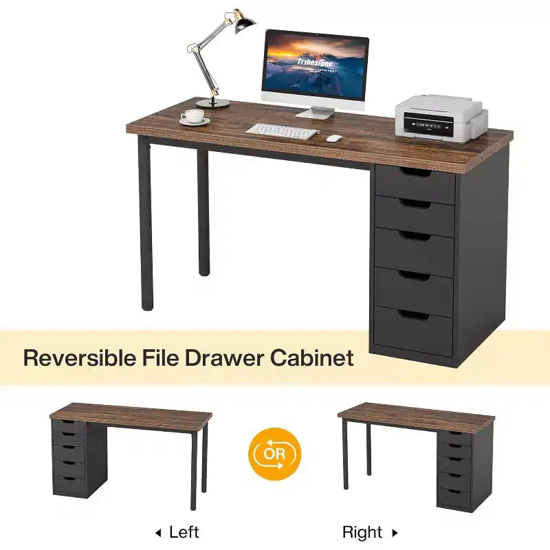 47 Rustic Brown Computer Desk with 5 Drawers, Modern Storage & Reversible Cabinet for Small Home Office Spaces