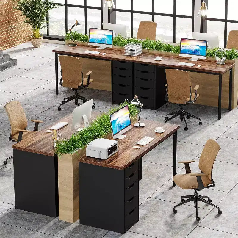 47 Rustic Brown Computer Desk with 5 Drawers, Modern Storage & Reversible Cabinet for Small Home Office Spaces