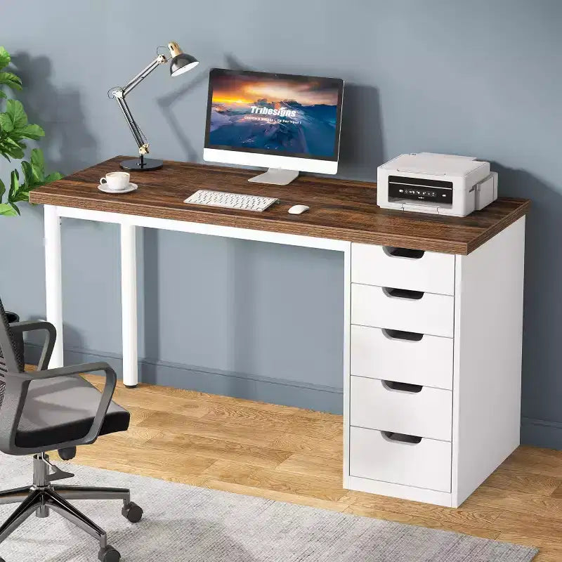 47 Rustic Brown Computer Desk with 5 Drawers, Modern Storage & Reversible Cabinet for Small Home Office Spaces