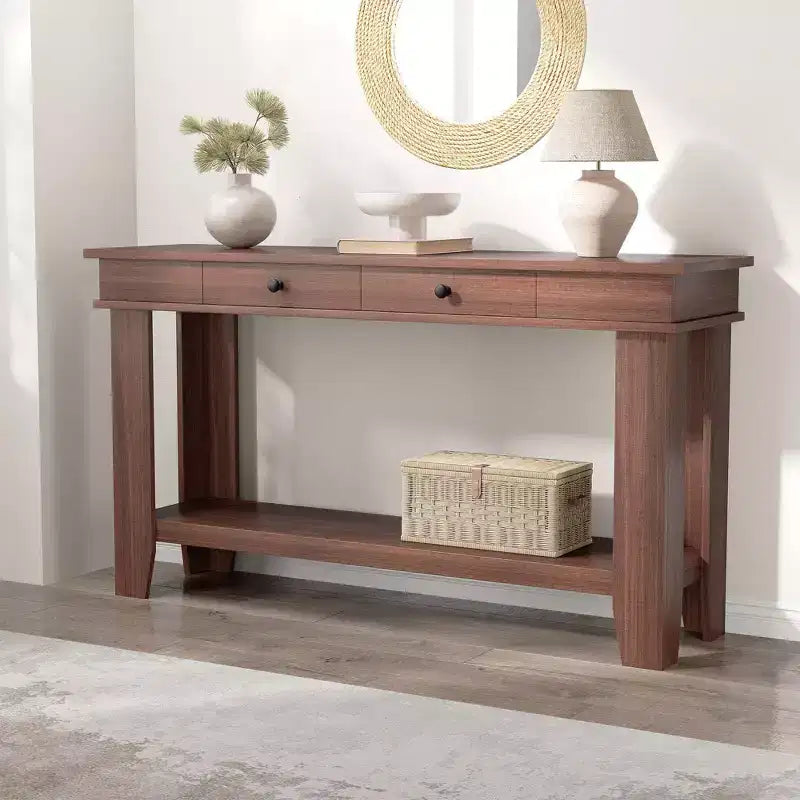 54-Inch Long Console Table with Drawers, Wooden Rectangular Entryway Table w/Open Storage Shelf, Sofa Table Behind Couch, Farmhouse Entry Foyer Table