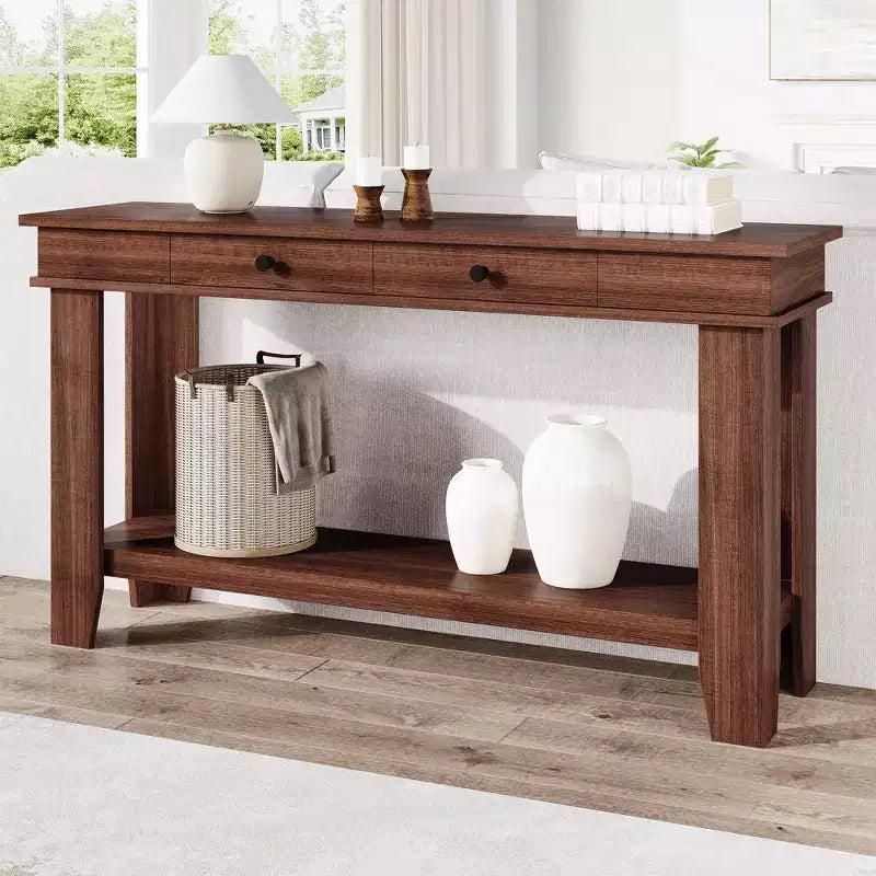 54-Inch Long Console Table with Drawers, Wooden Rectangular Entryway Table w/Open Storage Shelf, Sofa Table Behind Couch, Farmhouse Entry Foyer Table