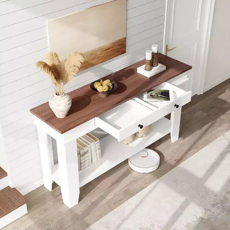 54-Inch Long Console Table with Drawers, Wooden Rectangular Entryway Table w/Open Storage Shelf, Sofa Table Behind Couch, Farmhouse Entry Foyer Table