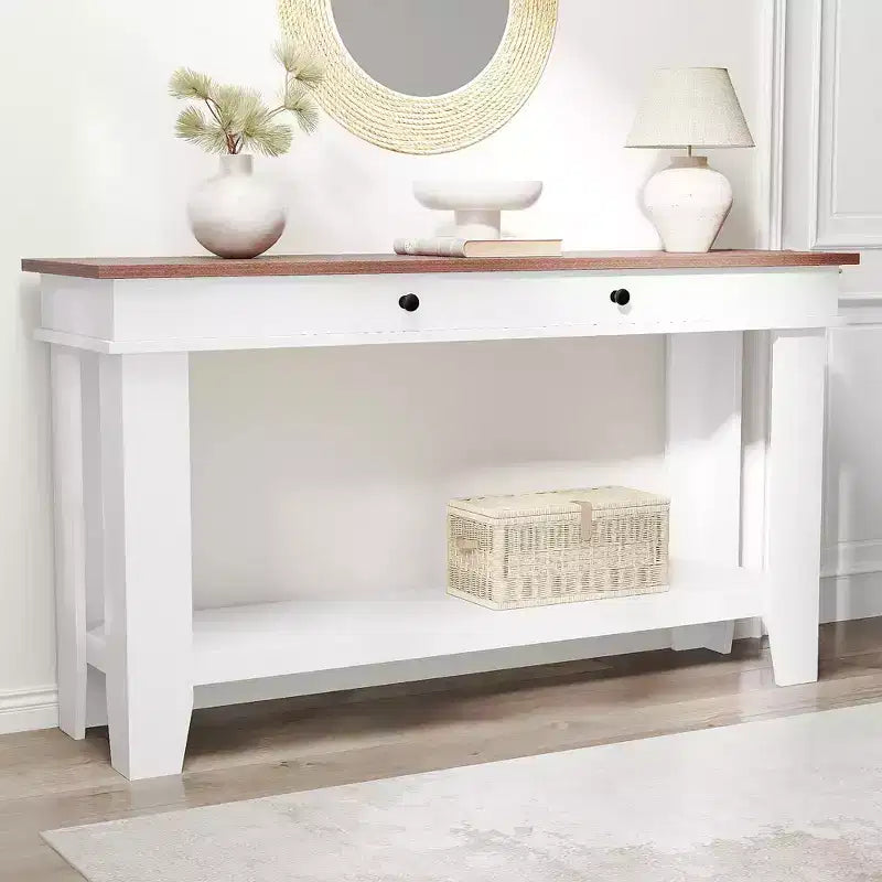 54-Inch Long Console Table with Drawers, Wooden Rectangular Entryway Table w/Open Storage Shelf, Sofa Table Behind Couch, Farmhouse Entry Foyer Table