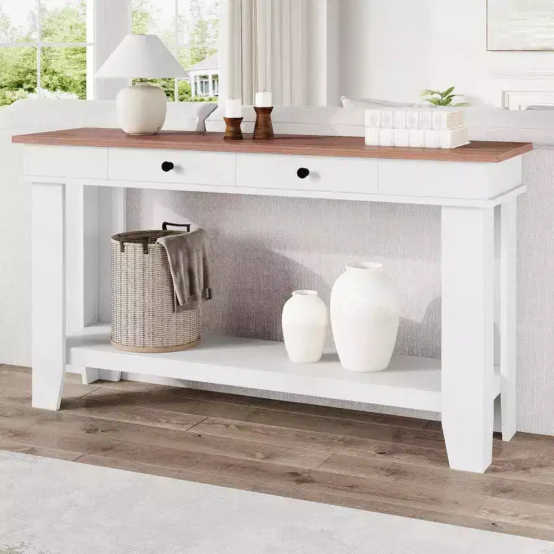 54-Inch Long Console Table with Drawers, Wooden Rectangular Entryway Table w/Open Storage Shelf, Sofa Table Behind Couch, Farmhouse Entry Foyer Table