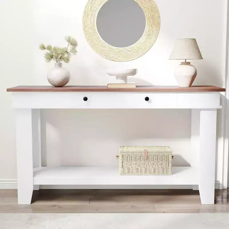 54-Inch Long Console Table with Drawers, Wooden Rectangular Entryway Table w/Open Storage Shelf, Sofa Table Behind Couch, Farmhouse Entry Foyer Table
