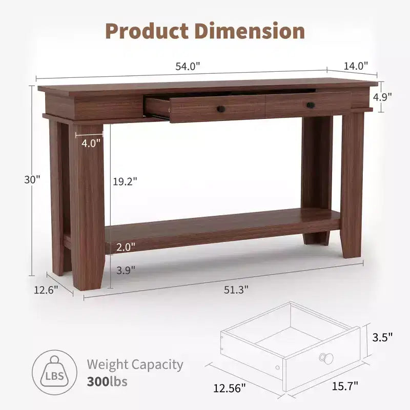 54-Inch Long Console Table with Drawers, Wooden Rectangular Entryway Table w/Open Storage Shelf, Sofa Table Behind Couch, Farmhouse Entry Foyer Table