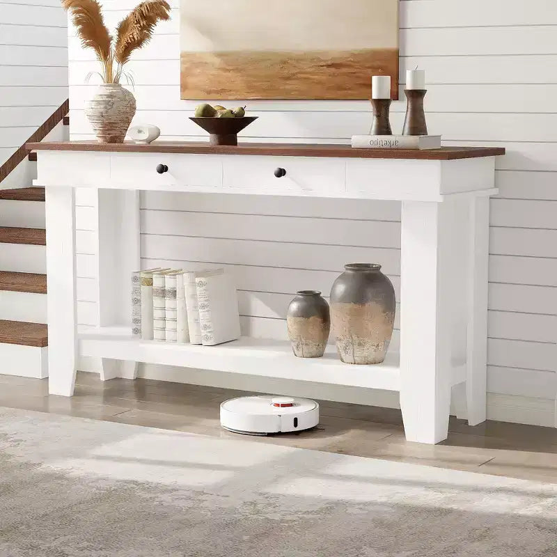 54-Inch Long Console Table with Drawers, Wooden Rectangular Entryway Table w/Open Storage Shelf, Sofa Table Behind Couch, Farmhouse Entry Foyer Table