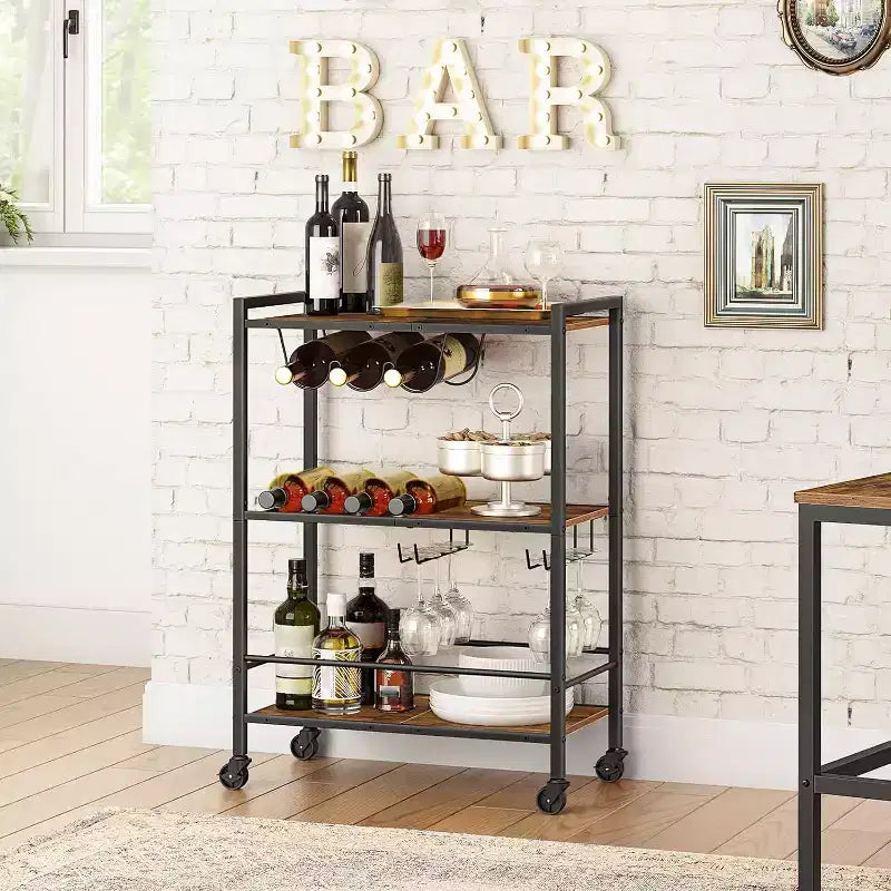 ACOINEL Bar Cart, 3-Tier Rolling Serving Cart with Wine Rack & Glass Holder, Rustic Brown & Black Kitchen/Coffee/Wine Cart