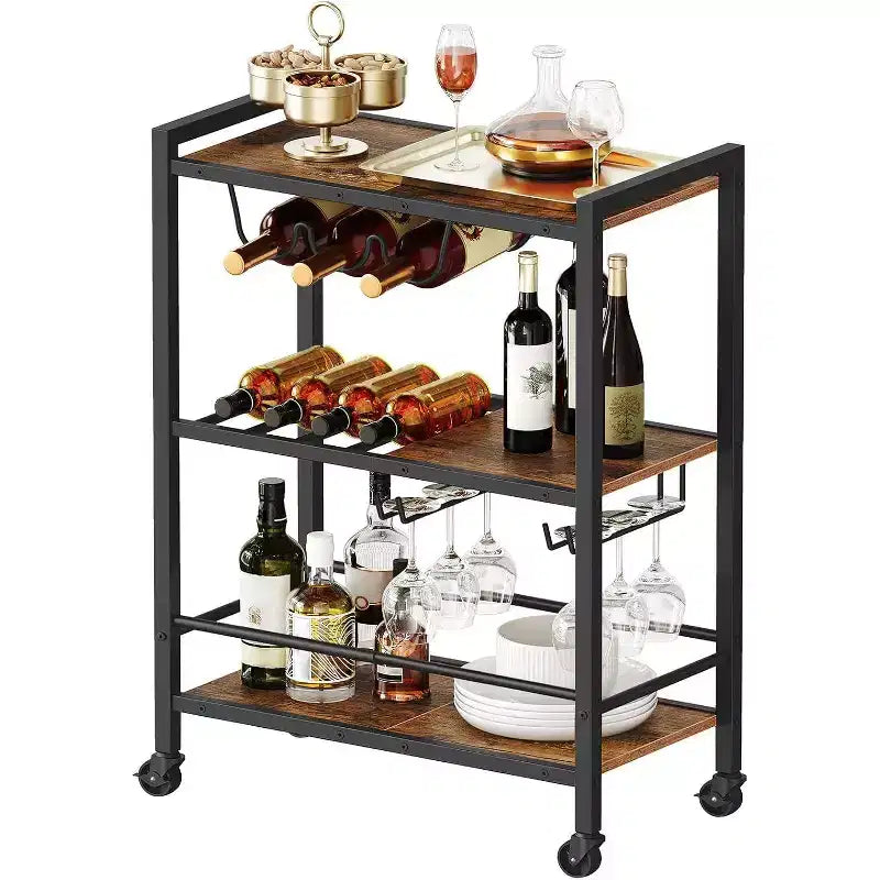 ACOINEL Bar Cart, 3-Tier Rolling Serving Cart with Wine Rack & Glass Holder, Rustic Brown & Black Kitchen/Coffee/Wine Cart
