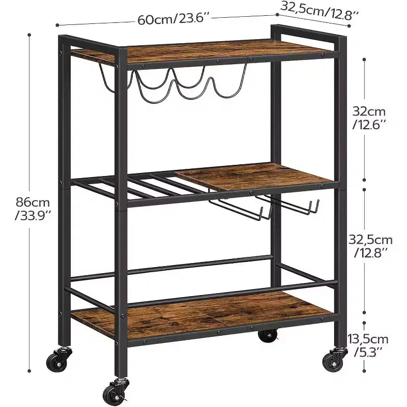 ACOINEL Bar Cart, 3-Tier Rolling Serving Cart with Wine Rack & Glass Holder, Rustic Brown & Black Kitchen/Coffee/Wine Cart
