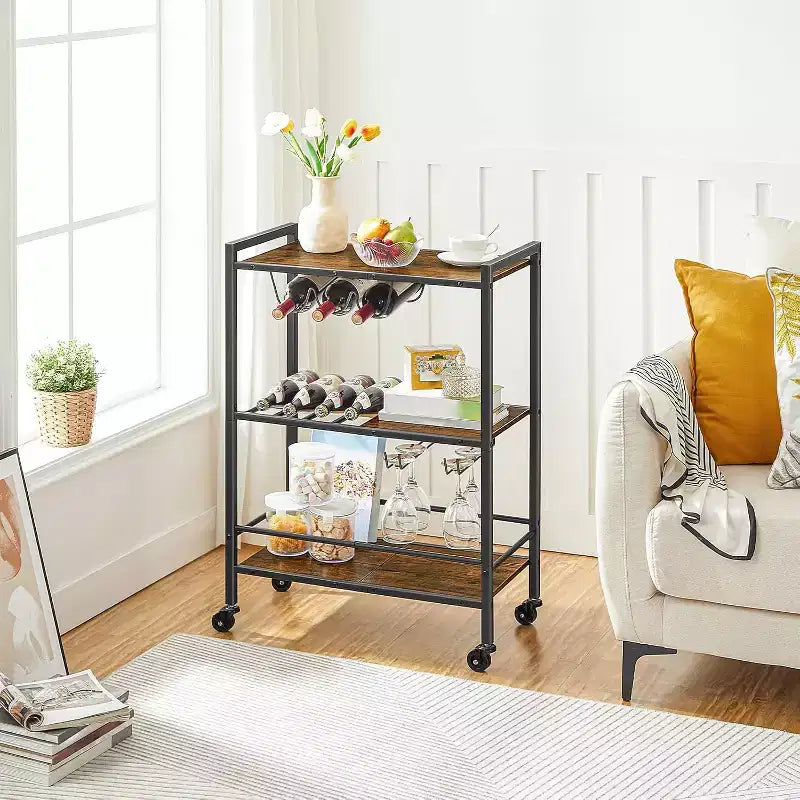 ACOINEL Bar Cart, 3-Tier Rolling Serving Cart with Wine Rack & Glass Holder, Rustic Brown & Black Kitchen/Coffee/Wine Cart