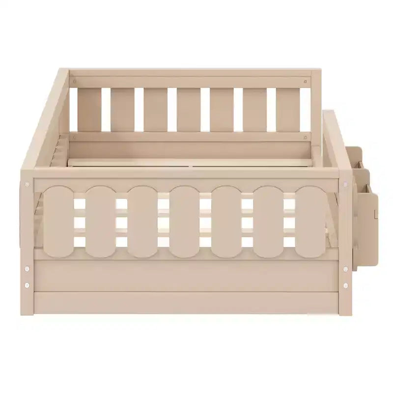 Twin/Full Size Kid Platform Bed Frame Toddler Bed with Guardrail and Storage Shelves - ModernLuxe