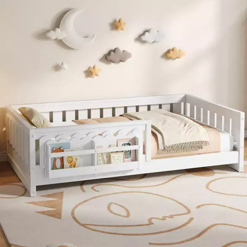 Twin/Full Size Kid Platform Bed Frame Toddler Bed with Guardrail and Storage Shelves - ModernLuxe