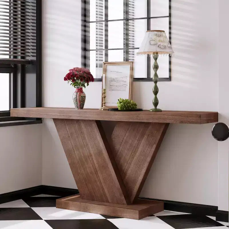 66 Modern Console Table with Solid Wood Veneer Finish, Mid-Century Narrow Sofa Table, V-Shaped Leg Entryway Table for Living Room-Panipeachy