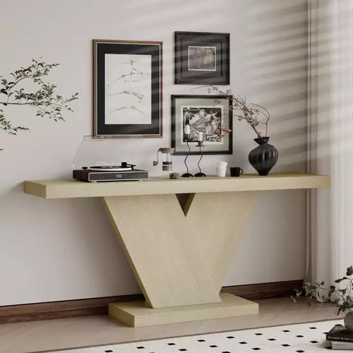 Console moderne de 66 po avec placage de bois massif, table basse étroite de style Mid-Century, table d'entrée à pieds en V pour salon-Panipeachy