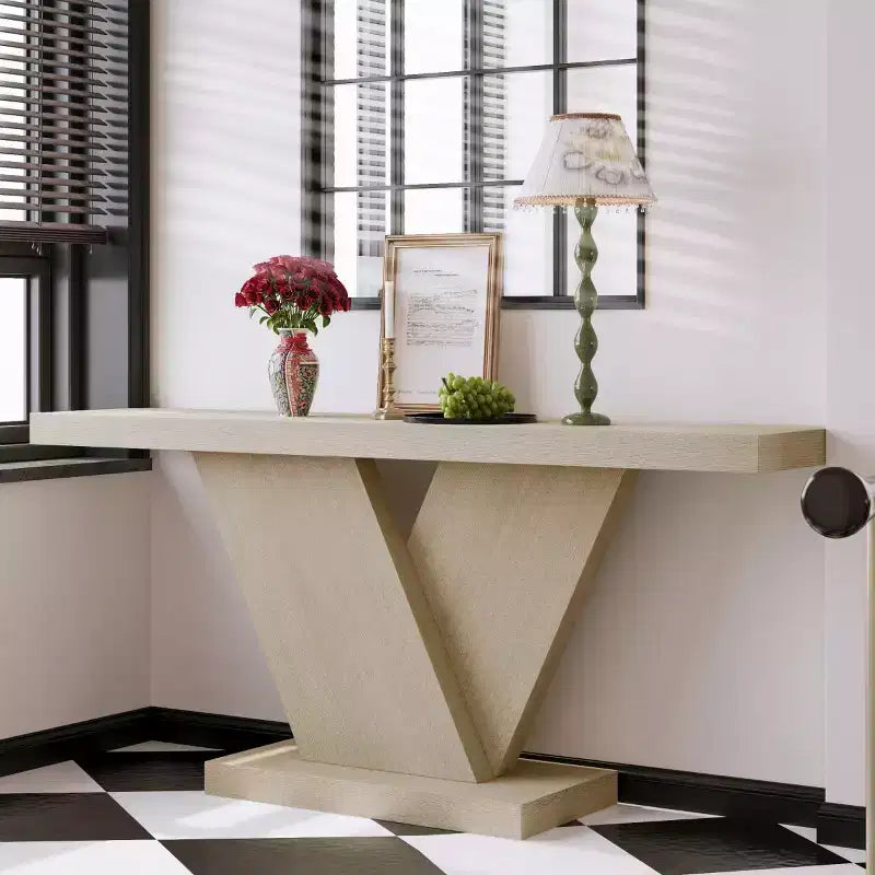 66 Modern Console Table with Solid Wood Veneer Finish, Mid-Century Narrow Sofa Table, V-Shaped Leg Entryway Table for Living Room-Panipeachy