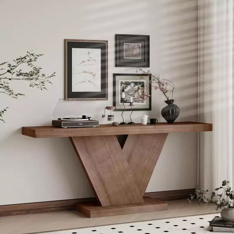 66 Modern Console Table with Solid Wood Veneer Finish, Mid-Century Narrow Sofa Table, V-Shaped Leg Entryway Table for Living Room-Panipeachy