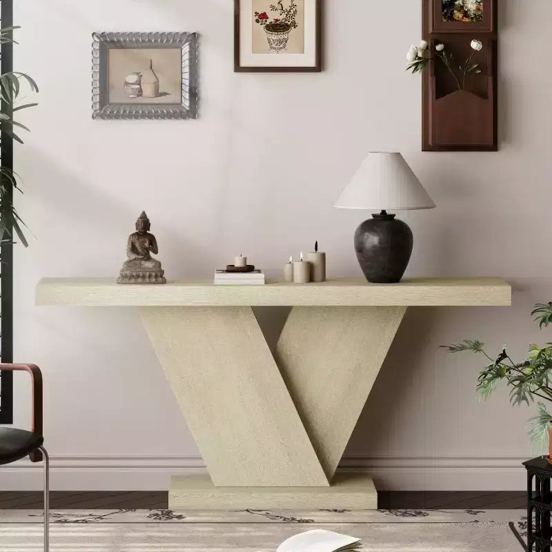 66 Modern Console Table with Solid Wood Veneer Finish, Mid-Century Narrow Sofa Table, V-Shaped Leg Entryway Table for Living Room-Panipeachy