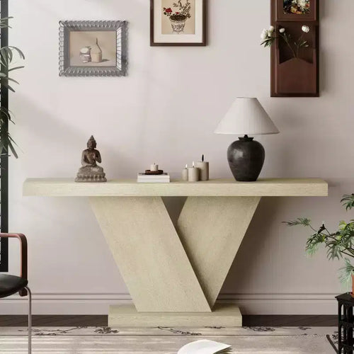 66 Modern Console Table with Solid Wood Veneer Finish, Mid-Century Narrow Sofa Table, V-Shaped Leg Entryway Table for Living Room-Panipeachy