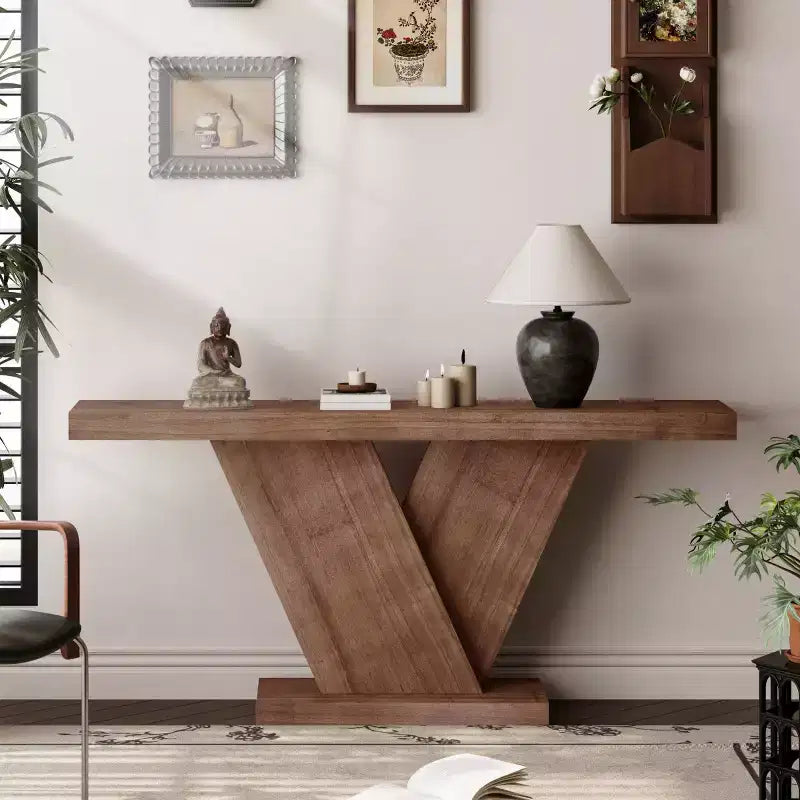 Console moderne de 66 po avec placage de bois massif, table basse étroite de style Mid-Century, table d'entrée à pieds en V pour salon-Panipeachy