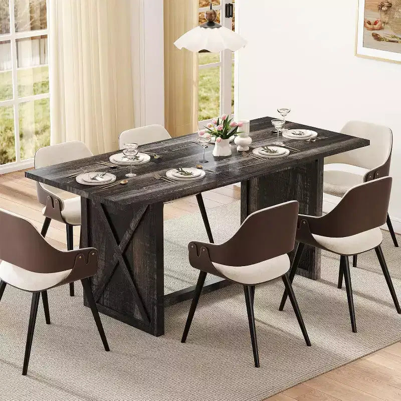 MooxvMoo 70.9 Wooden Dining Table for 6-8 People, Farmhouse Rectangular Kitchen Table, Rustic Grey Dining Room Furniture for Restaurant & Living Room