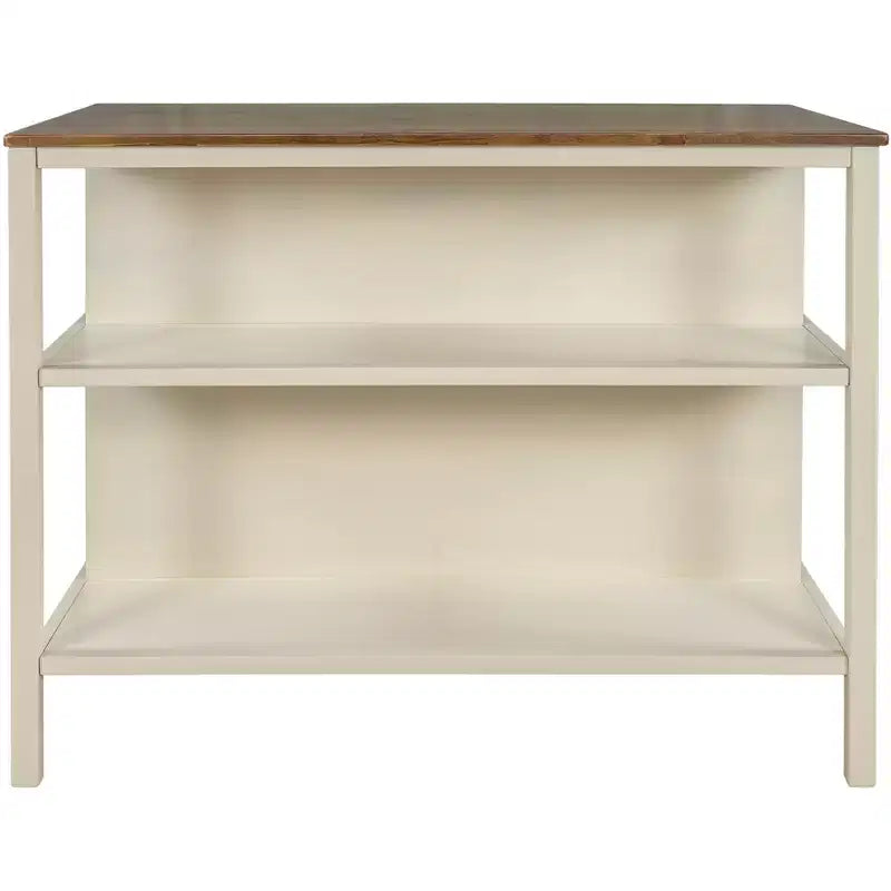 JVNOXK 45-inch Solid Wood Rustic Fixed Kitchen Island, Rubberwood Prep Station with 2 Open Shelves, Ideal for Small Spaces, Walnut