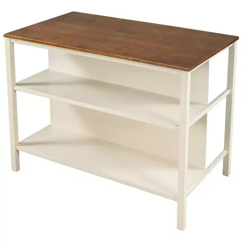JVNOXK 45-inch Solid Wood Rustic Fixed Kitchen Island, Rubberwood Prep Station with 2 Open Shelves, Ideal for Small Spaces, Walnut
