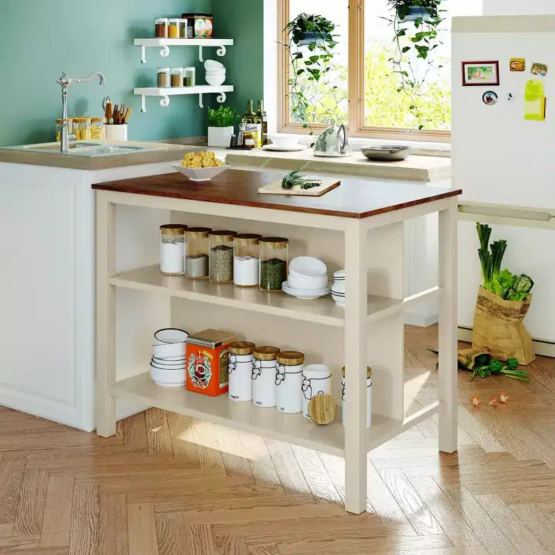 JVNOXK 45-inch Solid Wood Rustic Fixed Kitchen Island, Rubberwood Prep Station with 2 Open Shelves, Ideal for Small Spaces, Walnut