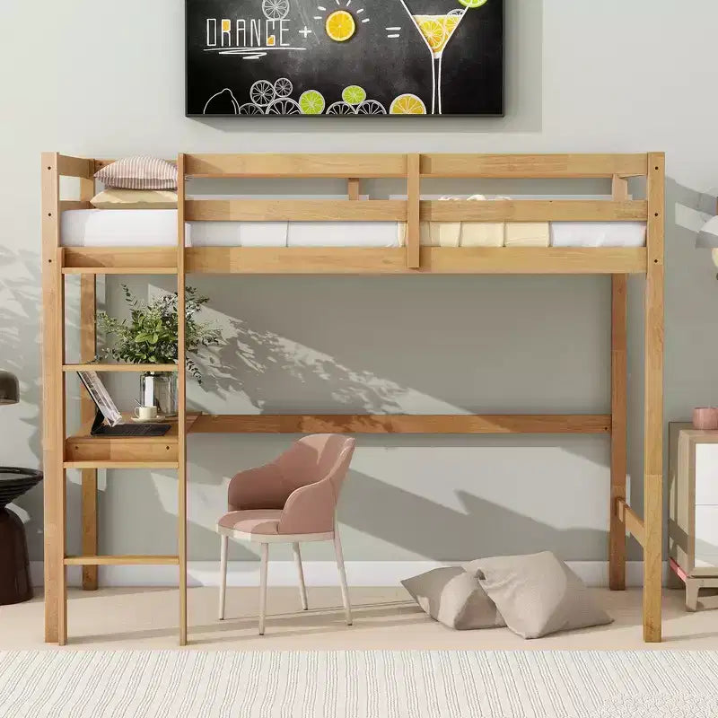 Whisen Twin Size Wood Loft Bed with Built-in Desk & Ladder, Spacious Study Space, Safety Guardrails(Upgraded) - White Oak