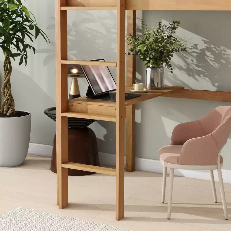 Whisen Twin Size Wood Loft Bed with Built-in Desk & Ladder, Spacious Study Space, Safety Guardrails(Upgraded) - White Oak