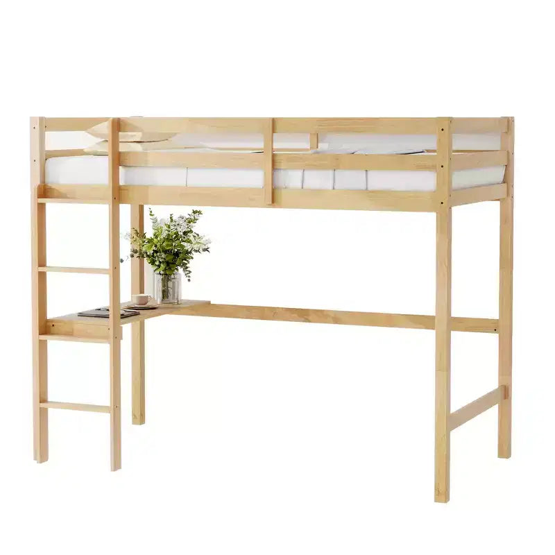 Whisen Twin Size Wood Loft Bed with Built-in Desk & Ladder, Spacious Study Space, Safety Guardrails(Upgraded) - White Oak