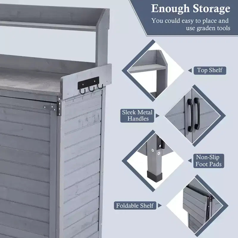 Outdoor Potting Bench with Foldable Shelf, Storage Cabinet & Durable Galvanized Metal Worktop for Garden, Patio, or Backyard