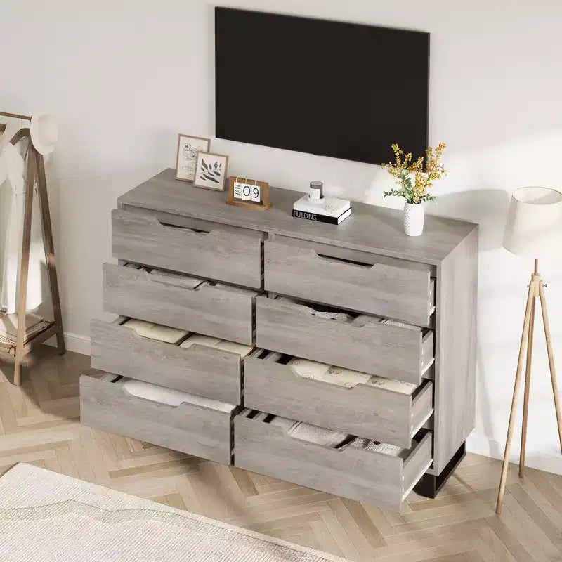 55 Wide 8 Drawer Dresser  Freestanding Horizontal Storage Chest in Black for Bedroom, Living Room, Hallway & Entryway