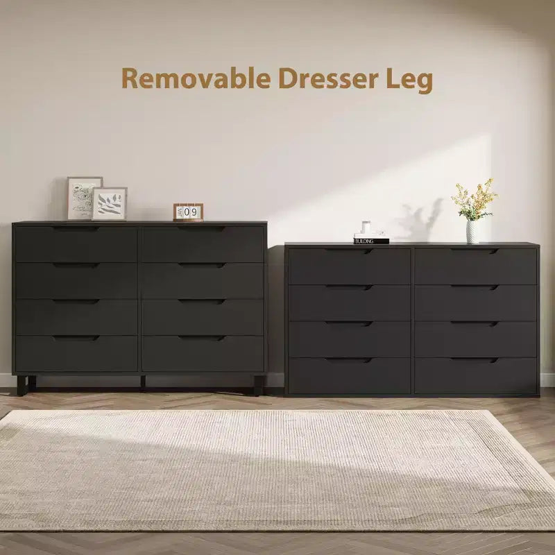 55 Wide 8 Drawer Dresser  Freestanding Horizontal Storage Chest in Black for Bedroom, Living Room, Hallway & Entryway