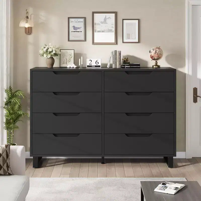55 Wide 8 Drawer Dresser  Freestanding Horizontal Storage Chest in Black for Bedroom, Living Room, Hallway & Entryway