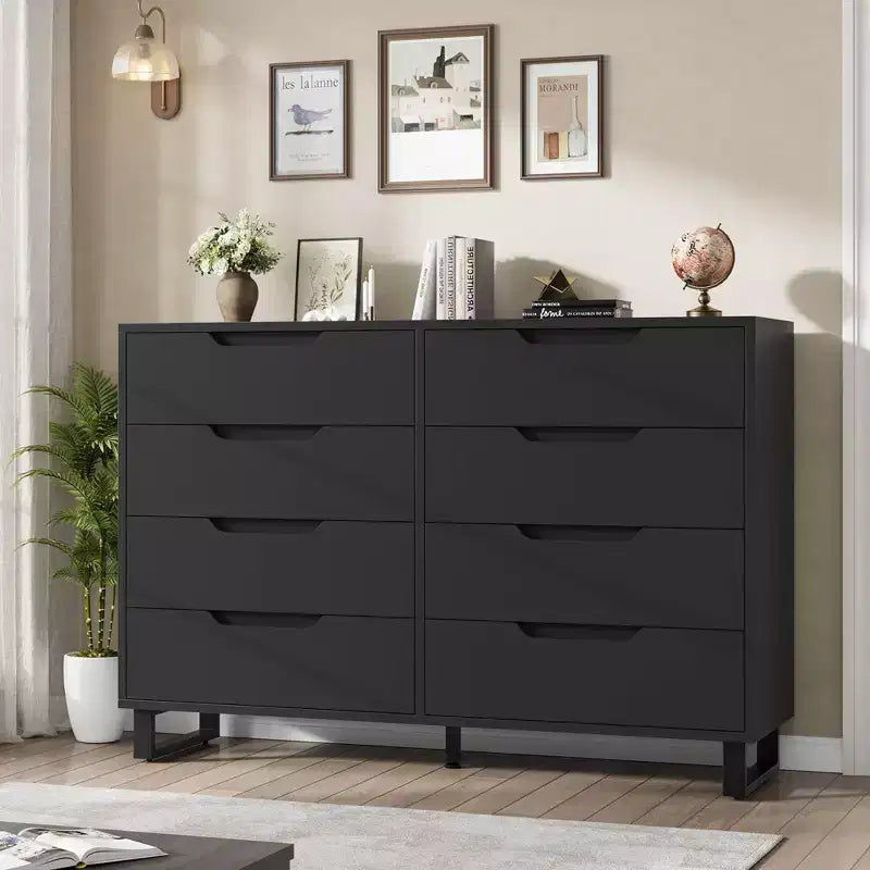 Commode à 8 tiroirs de 140 cm de large, meuble de rangement horizontal indépendant noir pour chambre, salon, couloir et entrée