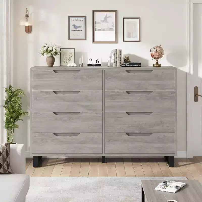 55 Wide 8 Drawer Dresser  Freestanding Horizontal Storage Chest in Black for Bedroom, Living Room, Hallway & Entryway