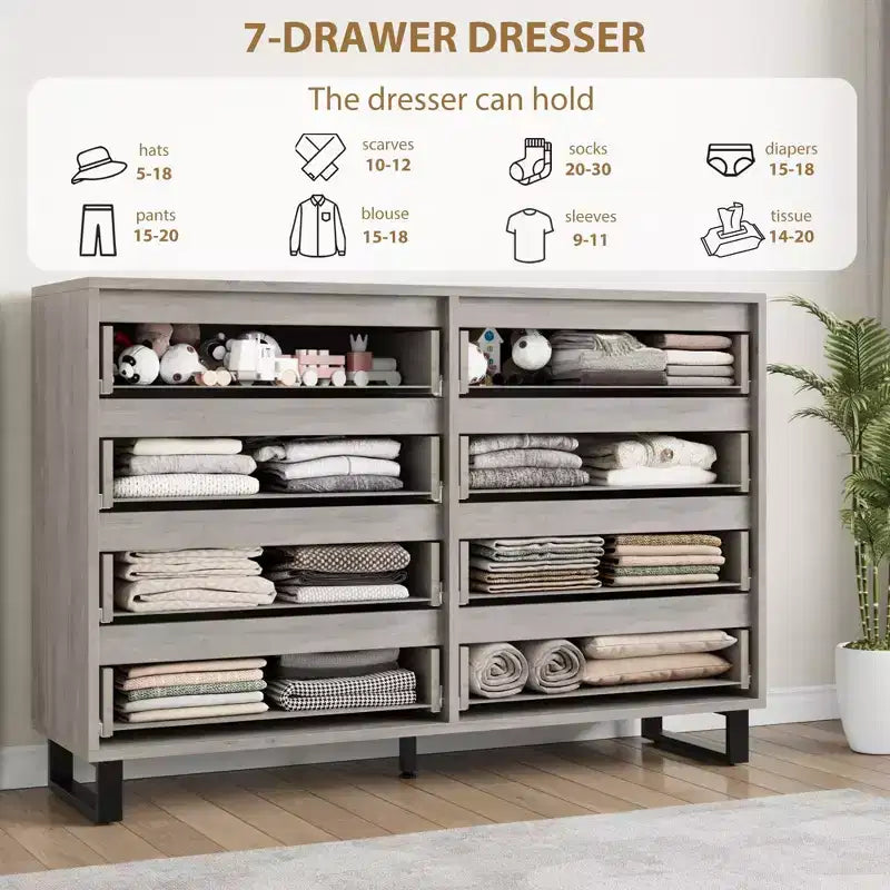 55 Wide 8 Drawer Dresser  Freestanding Horizontal Storage Chest in Black for Bedroom, Living Room, Hallway & Entryway
