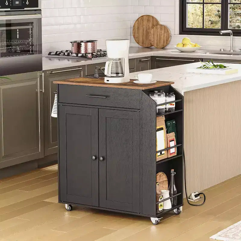 ACOINEL Rolling Kitchen Island with Power Outlet, Rustic Brown & Black Storage Cart with Spice Rack & Drawer