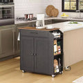 ACOINEL Rolling Kitchen Island with Power Outlet, Rustic Brown & Black Storage Cart with Spice Rack & Drawer