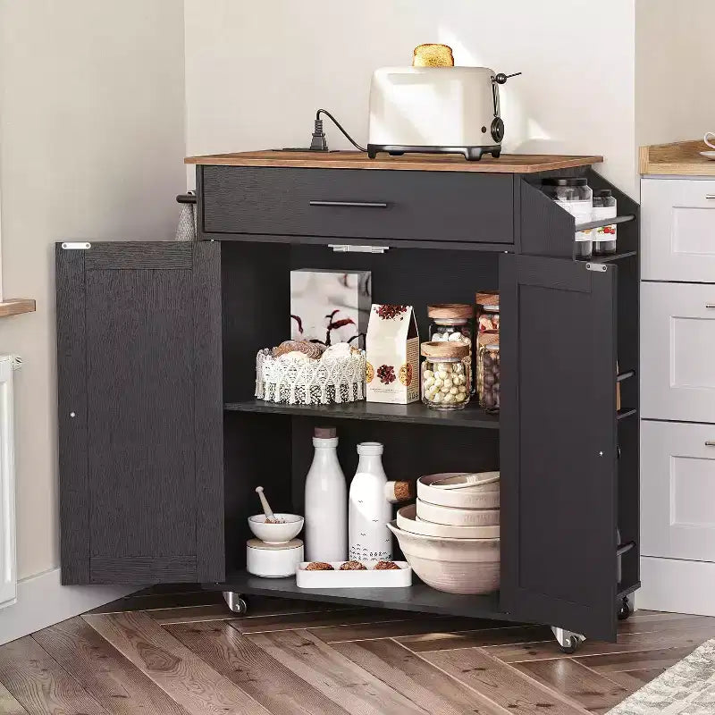 ACOINEL Rolling Kitchen Island with Power Outlet, Rustic Brown & Black Storage Cart with Spice Rack & Drawer