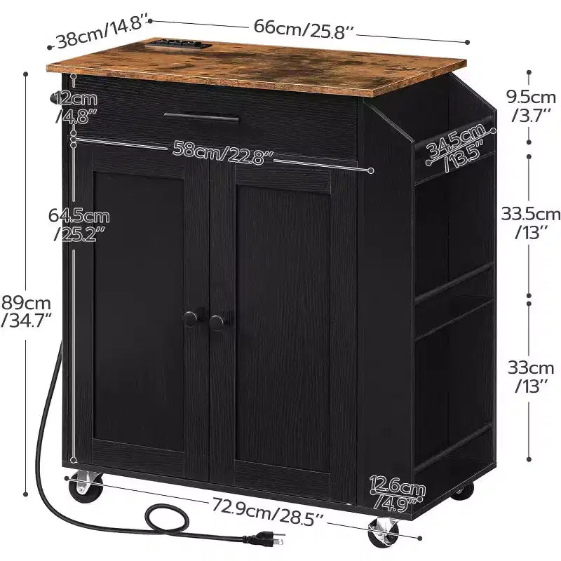 ACOINEL Rolling Kitchen Island with Power Outlet, Rustic Brown & Black Storage Cart with Spice Rack & Drawer