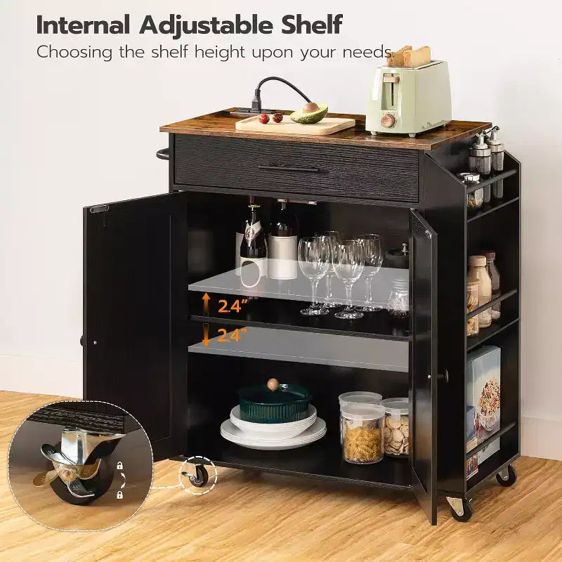 ACOINEL Rolling Kitchen Island with Power Outlet, Rustic Brown & Black Storage Cart with Spice Rack & Drawer