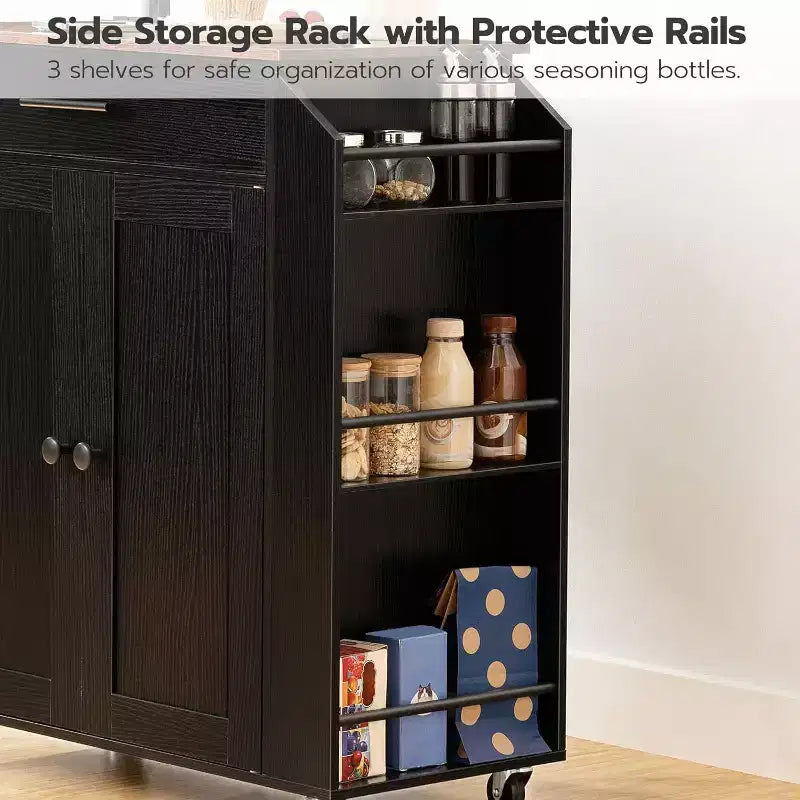 ACOINEL Rolling Kitchen Island with Power Outlet, Rustic Brown & Black Storage Cart with Spice Rack & Drawer