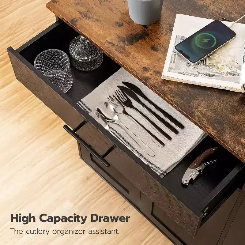 ACOINEL Rolling Kitchen Island with Power Outlet, Rustic Brown & Black Storage Cart with Spice Rack & Drawer