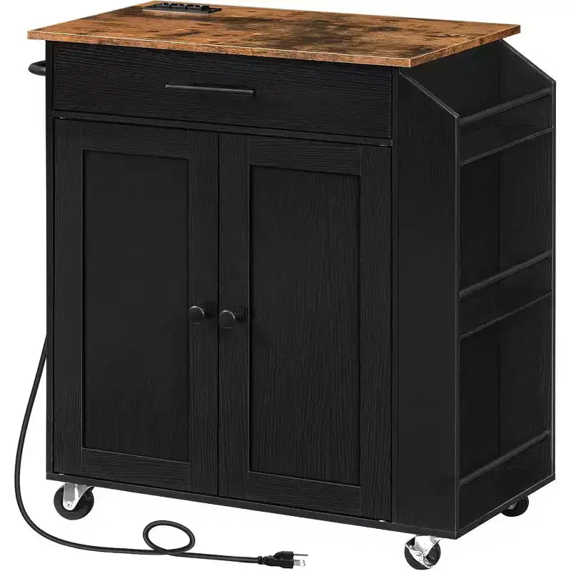 ACOINEL Rolling Kitchen Island with Power Outlet, Rustic Brown & Black Storage Cart with Spice Rack & Drawer