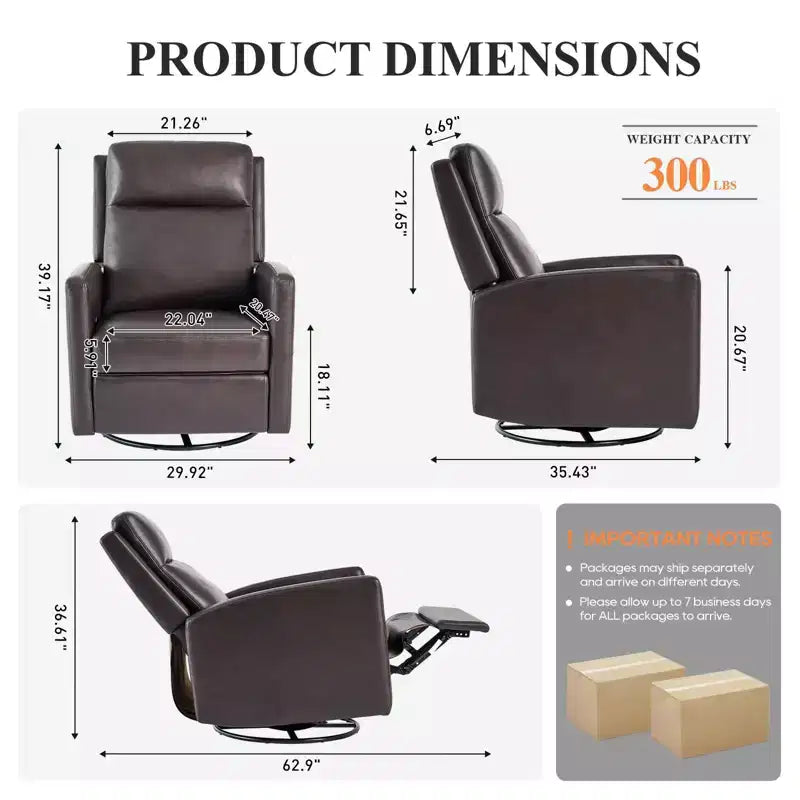 Swivel Rocking Recliner, Wide PU Leather Glider Sofa Chair with Ergonomic High Backrest for Living Room, Bedroom, Chocolate