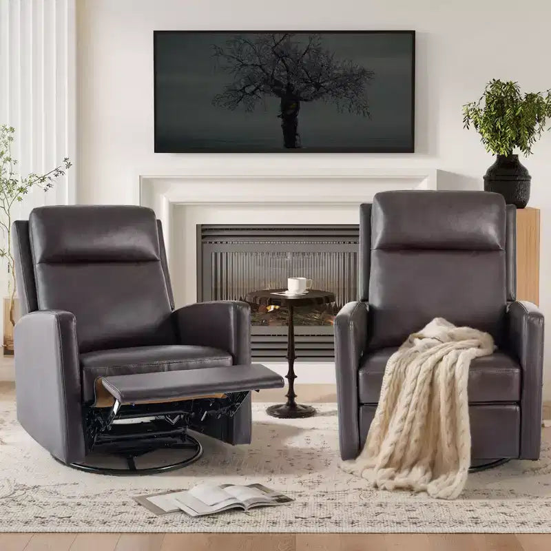 Swivel Rocking Recliner, Wide PU Leather Glider Sofa Chair with Ergonomic High Backrest for Living Room, Bedroom, Chocolate