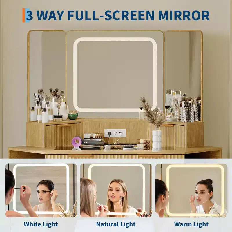 Corner Vanity Makeup Desk Natural Wood, Corner Vanity Table with Glass Top, Corners Vanity Desk with Mirror and Lights and Chair